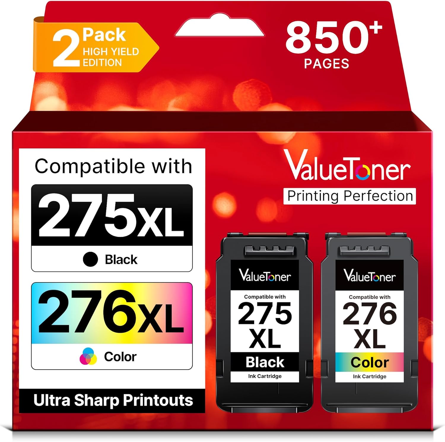 PG-275 XL/CL-276 XL for Canon Ink 275 and 276 275XL 276XL for Canon 275 and 276 Ink Cartridges Work with Pixma TR4720 TS3720 TS3522 TR4722 TS3722 TS3520 TS3700 TR4723 TS3500 TR4700, 2-Pack