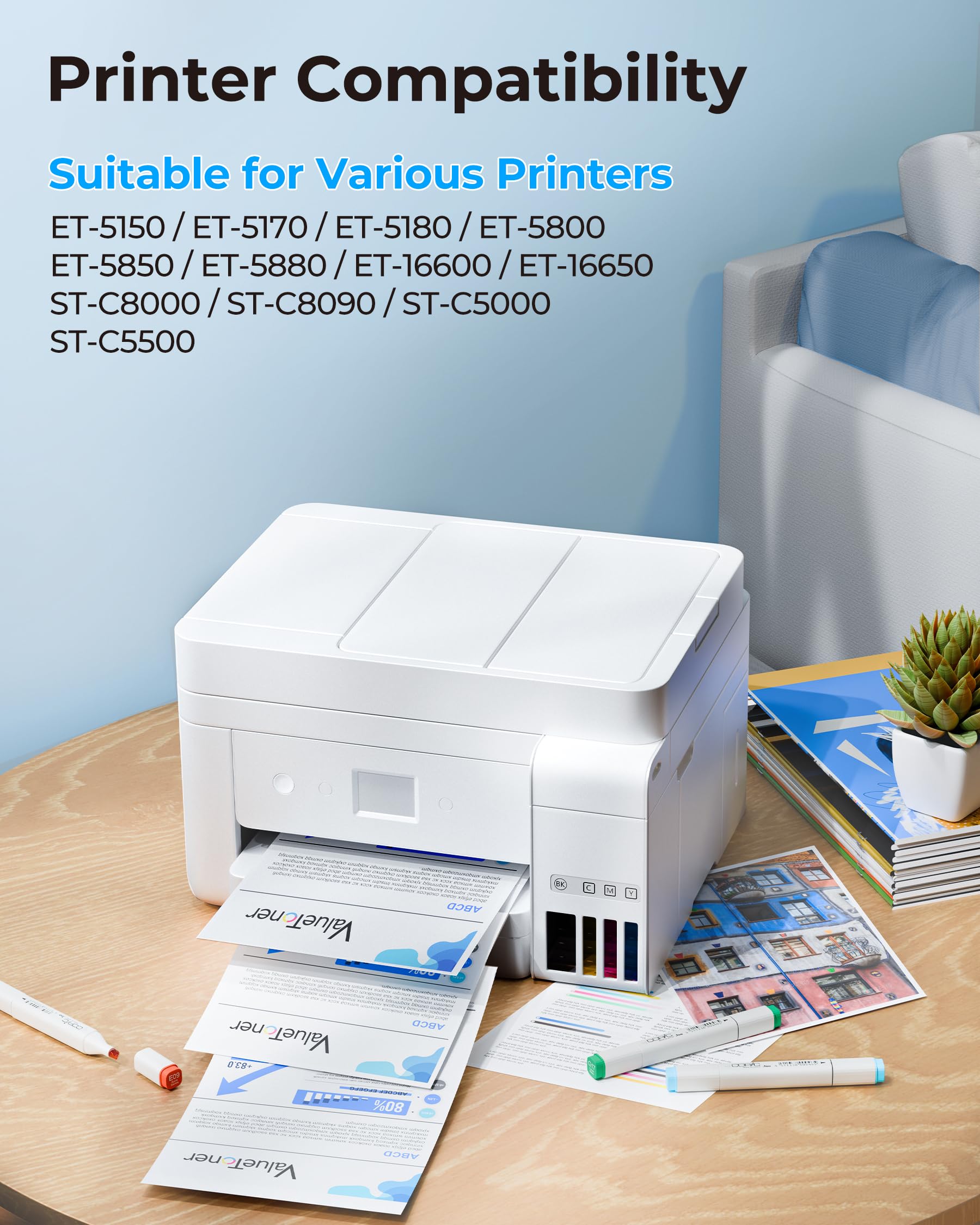 Valuetoner Remanufactured Ink Bottle Combo Pack for Refill Bottles for Printer Pro ET-5150, ET-5170, ET-5180, ET-5800, ET-5850, ET-5880, ET-16600, ET-16650, 4 Pack